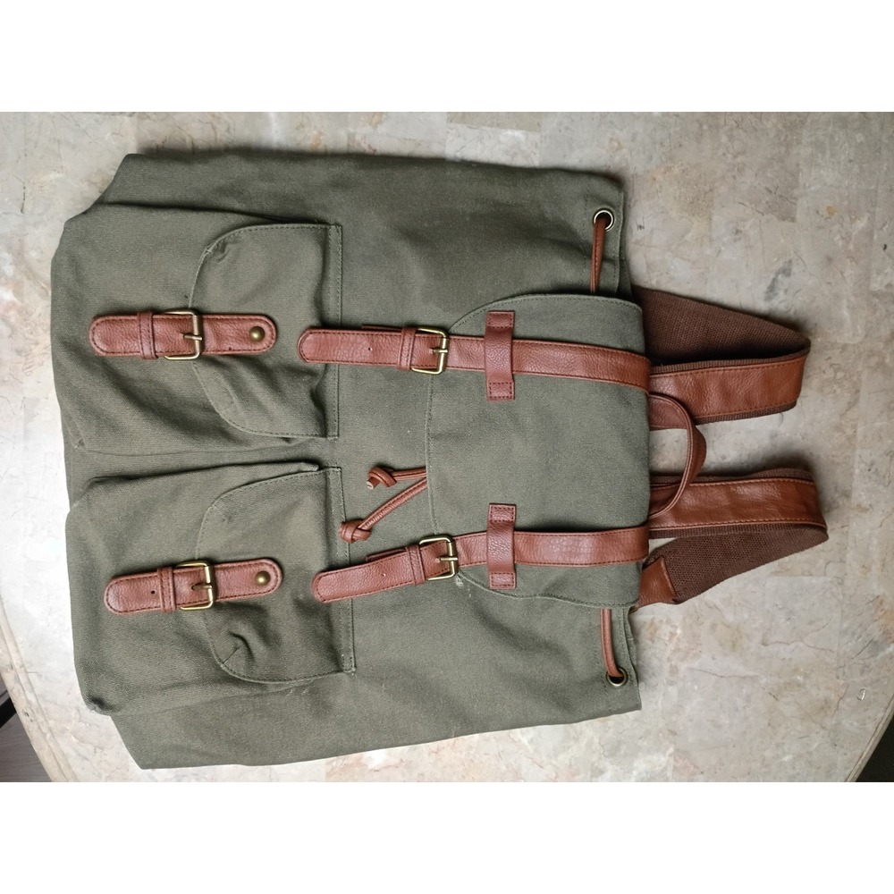 Mossimo Supply Co Olive Green Canvas Backpack Rucksack Brown Faux Leather Trim